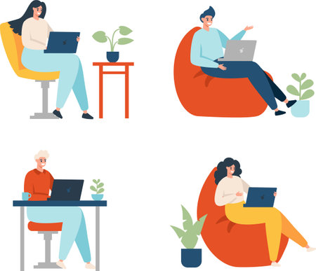 Set of flat vector illustrations. People working at the computer at home. The concept of working remotely. Girls and men working at a laptopのイラスト素材