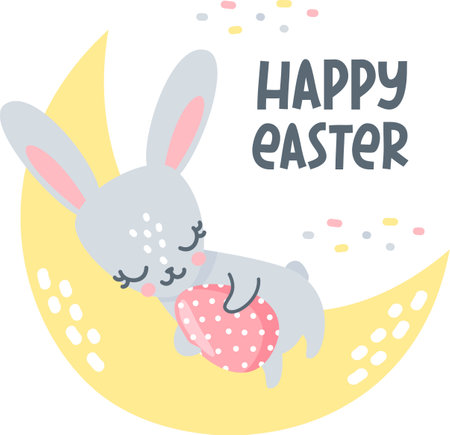 Cute vector illustration for Easter Day. Sleeping hare, rabbit hugging Easter egg. Rabbit sleeping on the moon. Happy Easter inscription.のイラスト素材