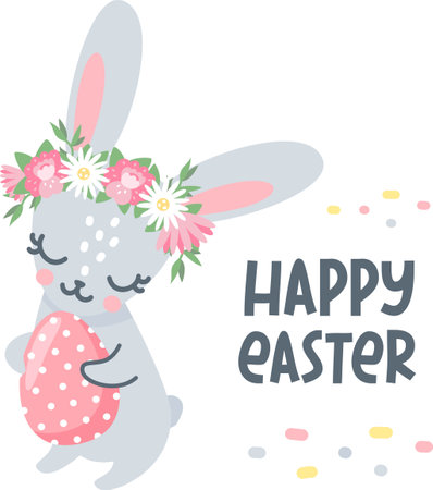 Cute vector card for Easter. Scandinavian-style hare with a wreath of flowers on his head. Easter bunny holding an egg. Happy Easter inscription.のイラスト素材