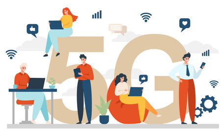 Flat vector illustration. The concept of 5G networks. People are sitting on the Internet, working on computers, tablets, phonesのイラスト素材