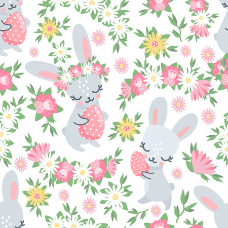 Seamless vector pattern. Easter bunnies with eggs. Floral wreaths, peonies, roses, daisies, leaves. Spring bright patternのイラスト素材