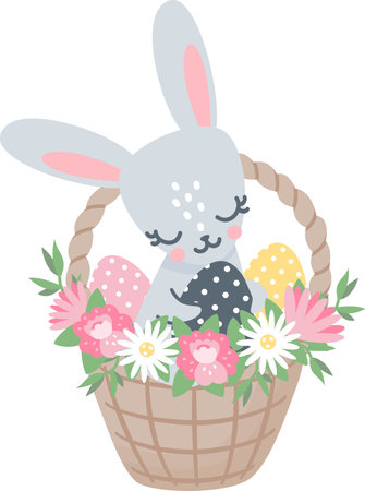 Vector illustration for Easter celebrations. Cute bunny sitting in a basket holding Easter eggs.のイラスト素材