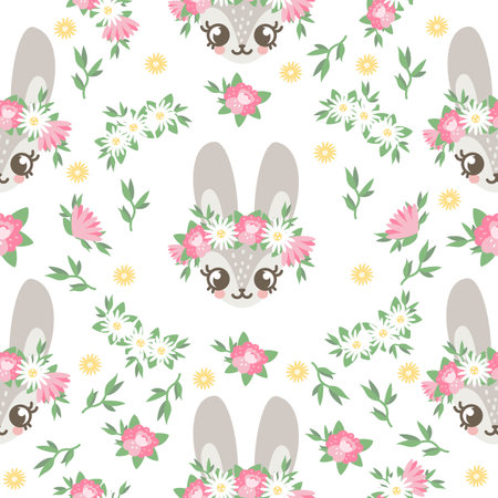 Seamless vector pattern. Cute Easter bunny faces in a wreath of flowers. Floral wreaths, peonies, roses, daisies, leaves. Spring bright patternのイラスト素材