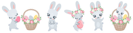 Vector set of Easter bunnies. Bunnies holding Easter eggs. Animals on white background. Bunnies, Easter eggs and a basket of flowers.のイラスト素材