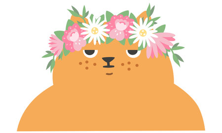 Funny vector illustration. Redheaded disgruntled cat in a wreath of flowers. Spring illustrationのイラスト素材
