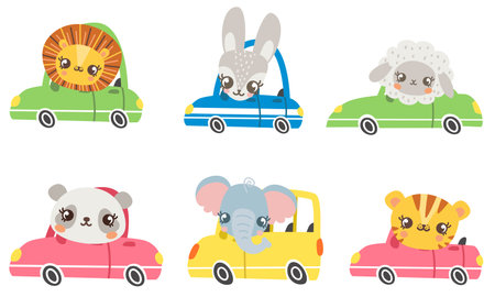 Set of childrens vector illustrations. Different animals driving cars. Lion, sheep, tiger, elephant, hare, panda. Cars of different colorsのイラスト素材