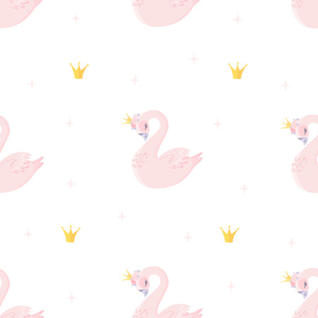 Nice gentle vector pattern for girls. Princess swan, crowns, stars. Fairy tale childrens backgroundのイラスト素材