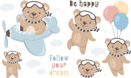 Vector collection of childrens illustrations. Cute teddy bear pilot flying an airplane. Soaring on balloons. Inscriptions follow the dream and be happyのイラスト素材