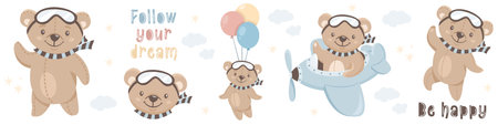 Vector collection of childrens illustrations. Cute teddy bear pilot flying an airplane. Soaring on balloons. Inscriptions follow the dream and be happyのイラスト素材