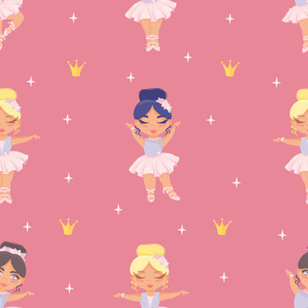Seamless vector pattern. Cute fairy tale princesses ballerinas, crowns. Fairytale pattern for girlsのイラスト素材