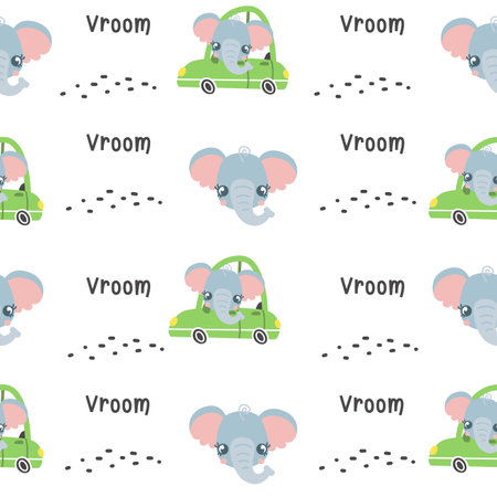 Vector pattern. Cute elephant driving cars. Vroom inscriptionsのイラスト素材