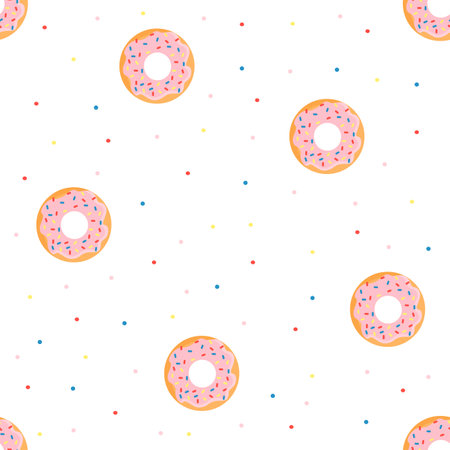 Seamless vector pattern. Bright delicious donuts, colorful confettiのイラスト素材