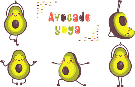 Cute vector set of funny illustrations. Smiling avocados doing yoga, meditation.のイラスト素材