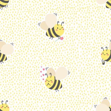 Seamless vector pattern. Cute bees in love. Bees with hearts. Background of twigs and dotsのイラスト素材