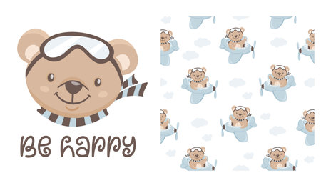 Vector set for printing on products. Printable print with a cute teddy bear pilot. The inscription Be happy. Seamless pattern. Vector illustrationのイラスト素材