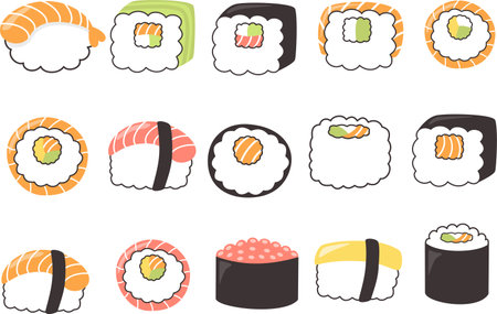 Vector set of Japanese food on a white background. Sushi, rolls. Vector illustrationのイラスト素材