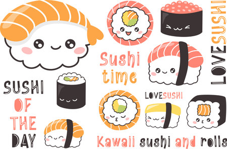 Cute vector set of sushi and rolls. Japanese food with positive faces. Funny inscriptions about food and sushiのイラスト素材