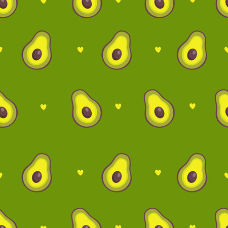 Seamless vector pattern. Juicy avocados and hearts. Pattern on green background. Vector illustrationのイラスト素材