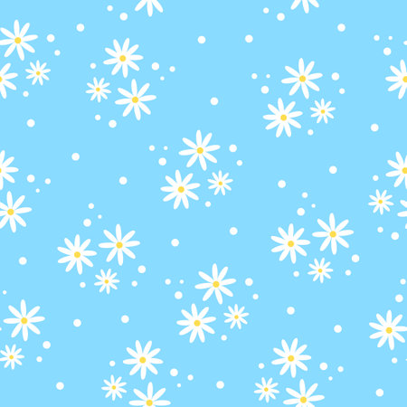 Seamless vector pattern. Cute white daisies on blue backgroundのイラスト素材