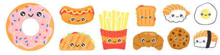 Cute vector set. Collection of smiling food with faces on white background. Sushi, quesadilla, hot dog, French fries sandwich cookie donut egg croissant. Vector illustrationのイラスト素材