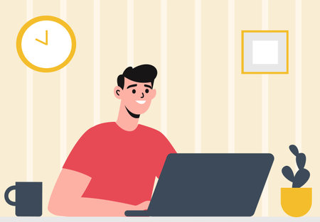 Concept of working from home. Young man working at his computer at home. Freelancerのイラスト素材