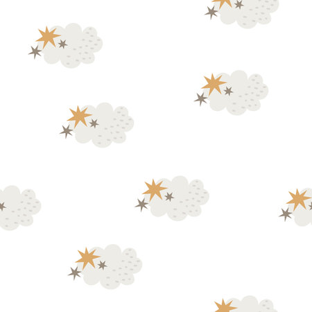 Seamless vector pattern. Cute clouds and stars in Scandinavian style. Vector illustrationのイラスト素材