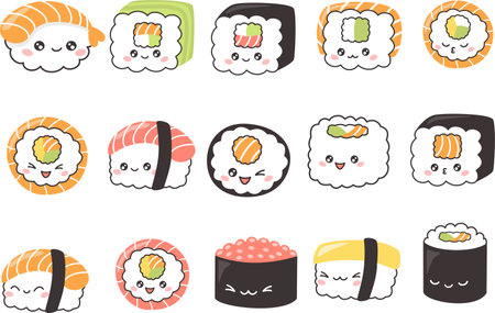Vector character collection. Cute sushi and rolls. Fun food set on white backgroundのイラスト素材