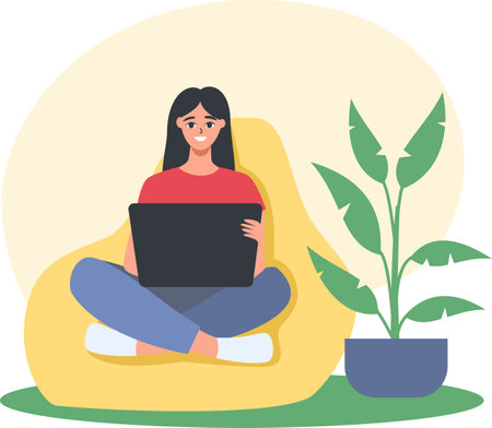 Flat vector illustration. Cute girl sitting in a sack chair and working on her laptop. Remote work, freelance, quarantine . Vector illustrationのイラスト素材