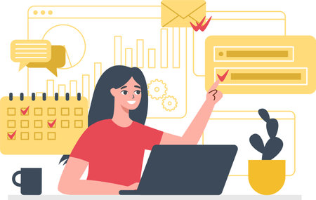 Flat vector illustration in trendy style. Multitasking concept. A woman sits at his laptop and performs many tasks at once. Vector illustrationのイラスト素材