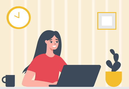 Flat vector illustration. A girl working at home at her laptop. Favorite job, happy girl. Concept of remote work, freelance, quarantine, maternity work . Vector illustrationのイラスト素材