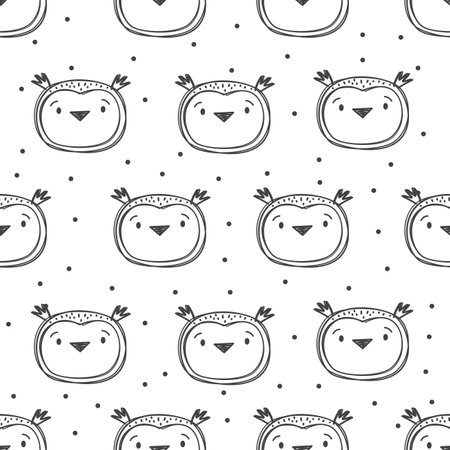 Seamless vector pattern. Cute owl faces drawn in marker pen. Black and white childrens drawing. . Vector illustrationのイラスト素材