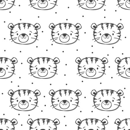 Seamless vector pattern. Cute tigers faces drawn in marker pen. Black and white childrens drawing. . Vector illustrationのイラスト素材