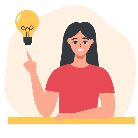 Flat vector illustration. A young girl sits at a table with her finger up, a light bulb symbolizing an idea. The concept of finding an idea. . Vector illustrationのイラスト素材