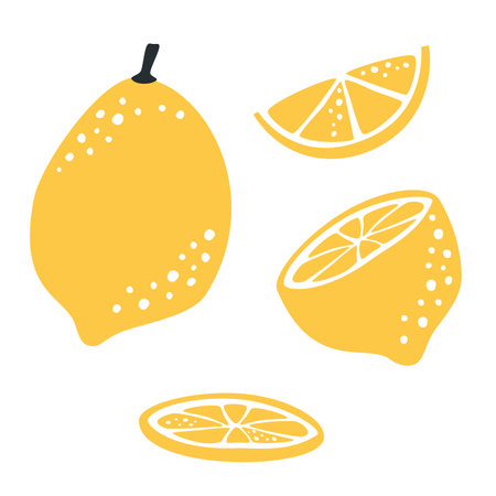 Vector illustration. Juicy set with lemons. Whole lemon, sliced, in slices. Fruit on white background . Vector illustrationのイラスト素材