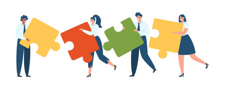 Flat vector illustration. Concept of teamwork, unified purpose. People in sobi office clothes give a big puzzle. .のイラスト素材