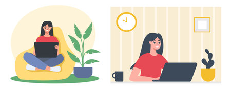 Vector collection of flat illustrations. Concepts of working from home and working on maternity leave. Happy girl working from home at her laptop. Vector illustrationのイラスト素材