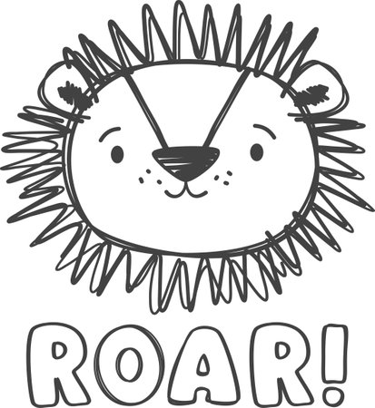 Childrens vector print for clothes. A cute hand-drawn lion cub face. Childrens drawing with a marker pen, Roar Lettering. Vector illustrationのイラスト素材