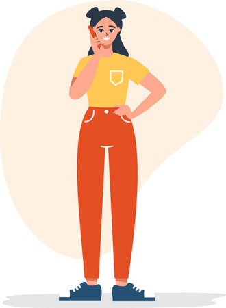 Flat vector illustration. Young girl smiling and talking on the phone. Vector illustrationのイラスト素材