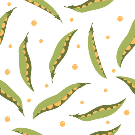 Seamless vector pattern. Green open pods of peas and chickpeas on a white background. Vector illustrationのイラスト素材