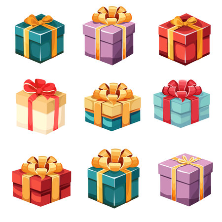 Vector set for holiday design. Bright festive gift boxes on white background . Vector illustrationのイラスト素材