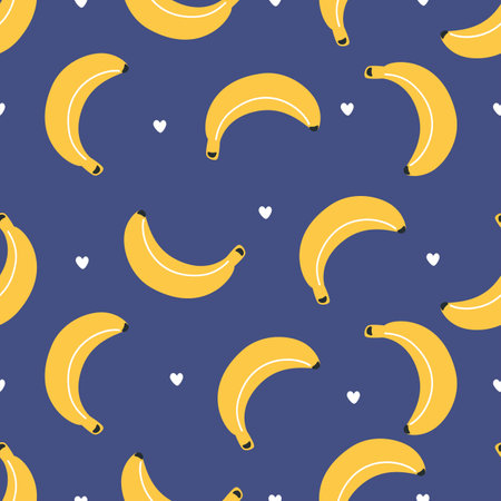 Seamless vector pattern. Bright yellow bananas, black hearts, blue background . Vector illustrationのイラスト素材