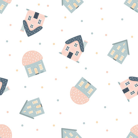 Cute seamless vector pattern. Houses in pastel blue and pink colors. Pattern on white background . Vector illustrationのイラスト素材