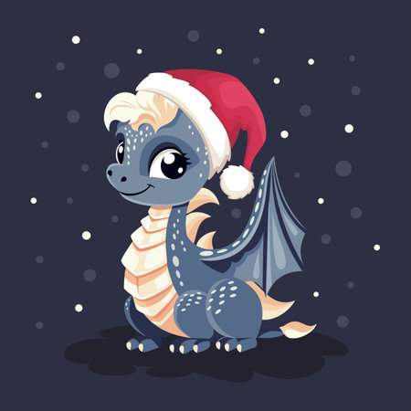 Vector New Year card in dark colors. Cute dragon symbol of 2024 . Cute kind dragon wearing a Santa Claus Christmas hat. Vector illustrationのイラスト素材
