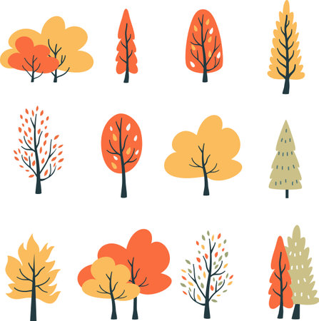 Set of vector trees in Scandinavian style. Autumn trees and Christmas trees on white background. Simple vector illustrationのイラスト素材