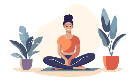 Flat vector illustration in modern style. Cute happy girl doing yoga, meditating in lotus pose. Home interior, flowers in pots . Vector illustrationのイラスト素材