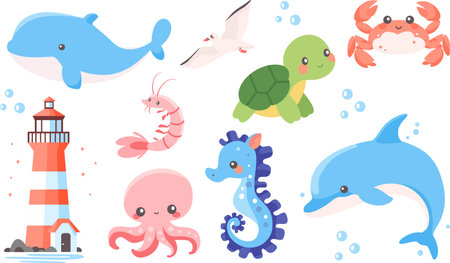 Cute vector nautical set. Childrens illustrations on white background. Dolphin whale sea lighthouse octopus seahorse crab shrimp shrimp seagull turtle turtle. Vector illustrationのイラスト素材