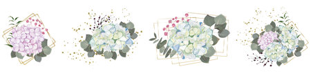Vector floral arrangement on white background with gold elements and glitter. Blue, white and pink...
