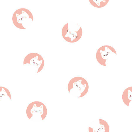 Seamless vector pattern. Cute pink avatars with white cats in minimalistic style. Cats in kawaii style . Vector illustrationのイラスト素材