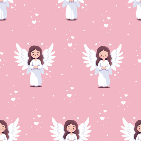 Seamless vector pattern on pink background. Cute girl angel, stars and hearts. . Vector illustrationのイラスト素材