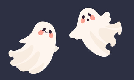 Halloween Vector Collection. Cute white ghosts flying in the dark. Vector illustrationのイラスト素材